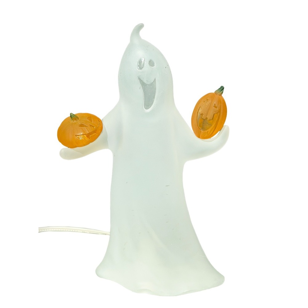 Lighted Frosted Acrylic Ghost Holding Pumpkins 10" Halloween Night Light